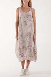 Flower Bouquet Sleeveless Linen Dress