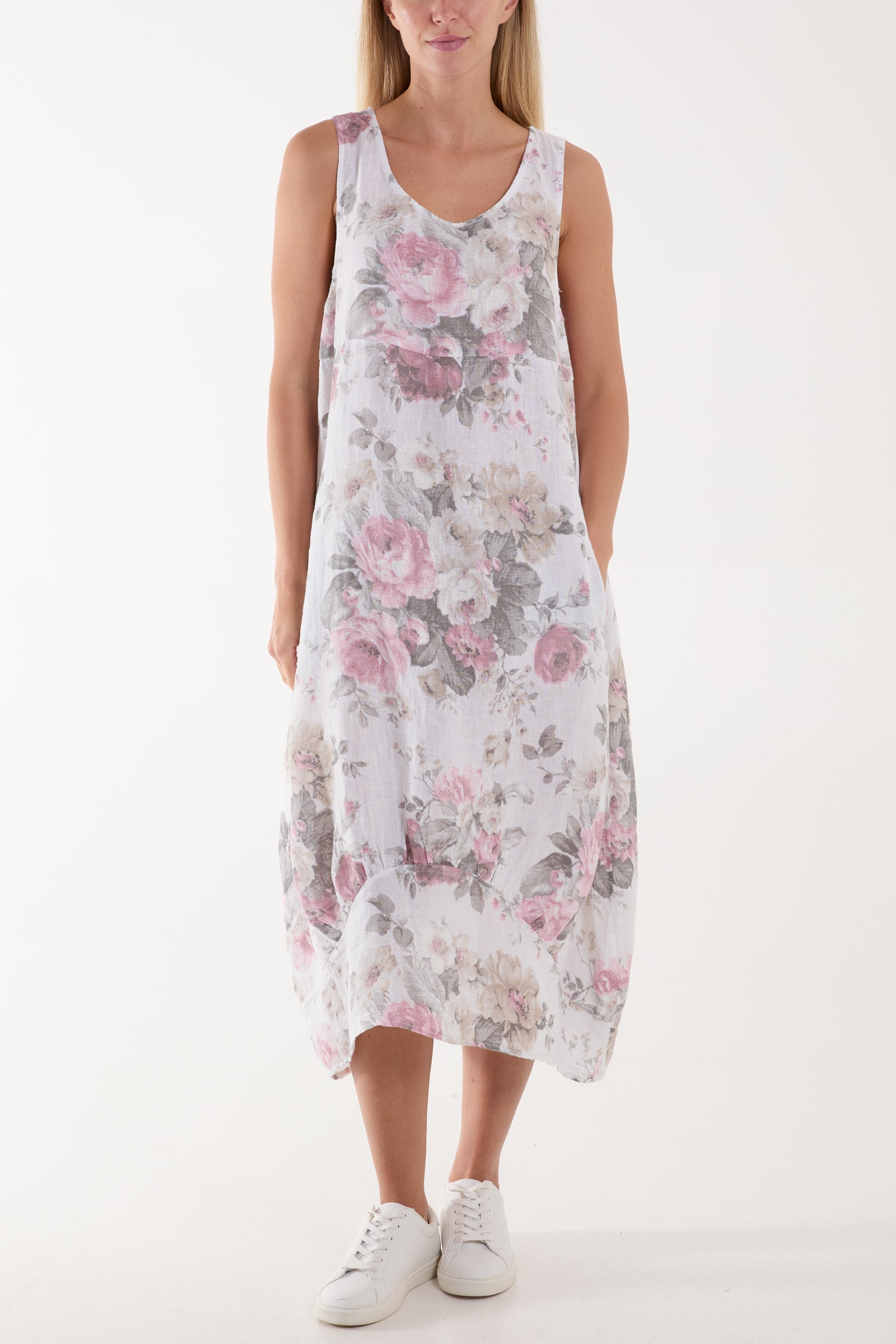 Flower Bouquet Sleeveless Linen Dress