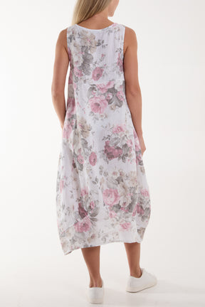 Flower Bouquet Sleeveless Linen Dress