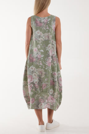 Flower Bouquet Sleeveless Linen Dress