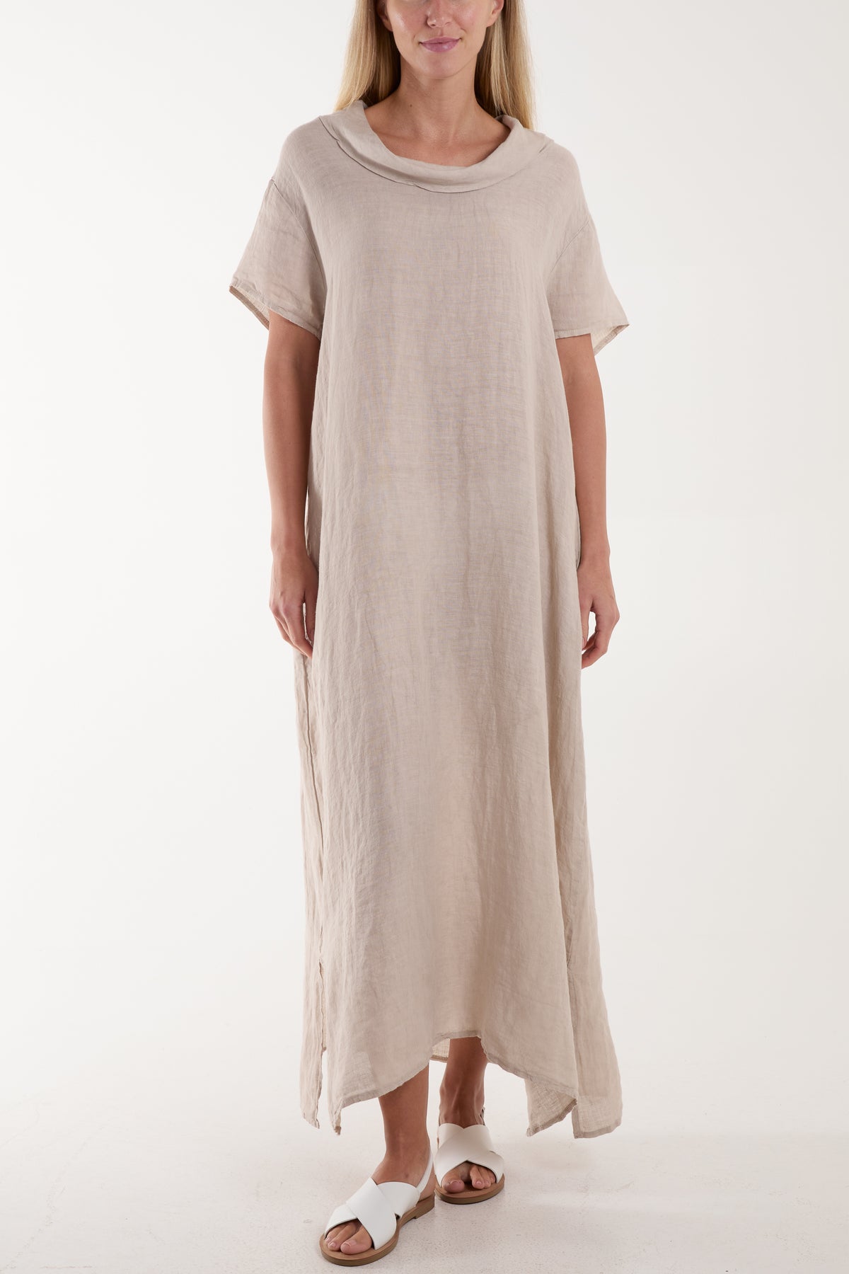 Linen Cowl Neck Pocket Midi Dress