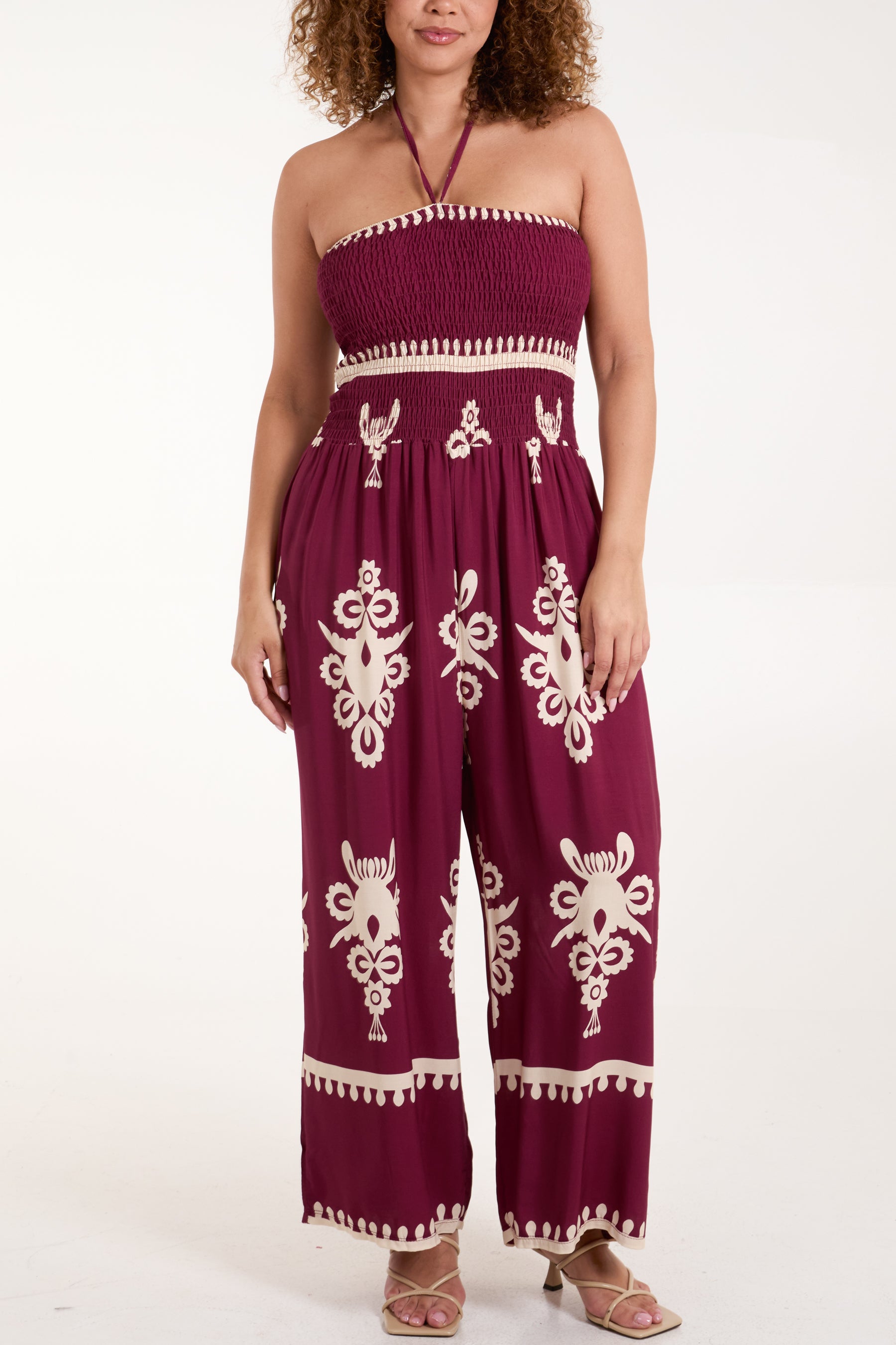 Shirred Bodice Bandeau Printed Jumpsuit