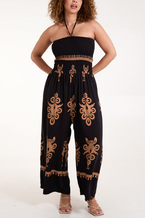 Shirred Bodice Bandeau Printed Jumpsuit