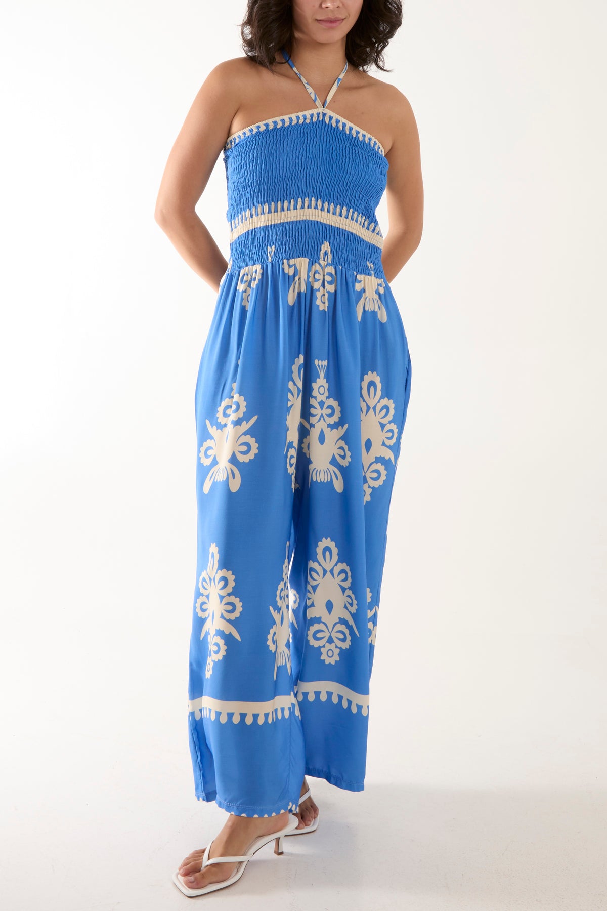 Shirred Bodice Bandeau Printed Jumpsuit
