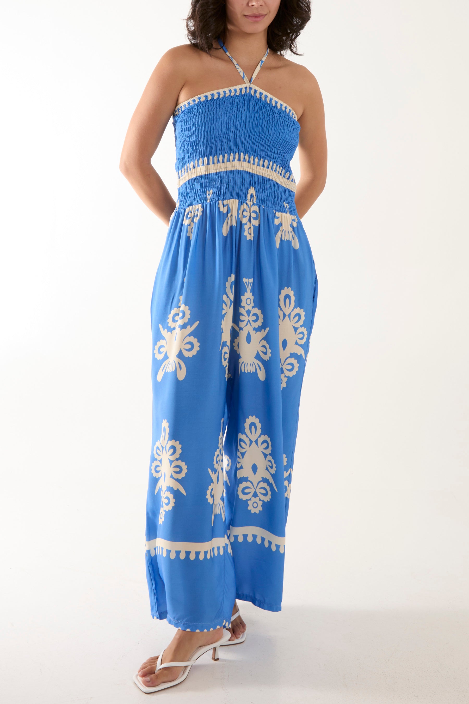 Shirred Bodice Bandeau Printed Jumpsuit