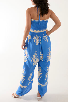 Shirred Bodice Bandeau Printed Jumpsuit