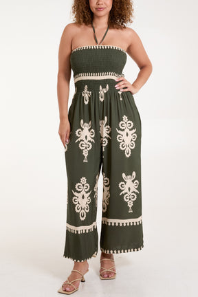 Shirred Bodice Bandeau Printed Jumpsuit