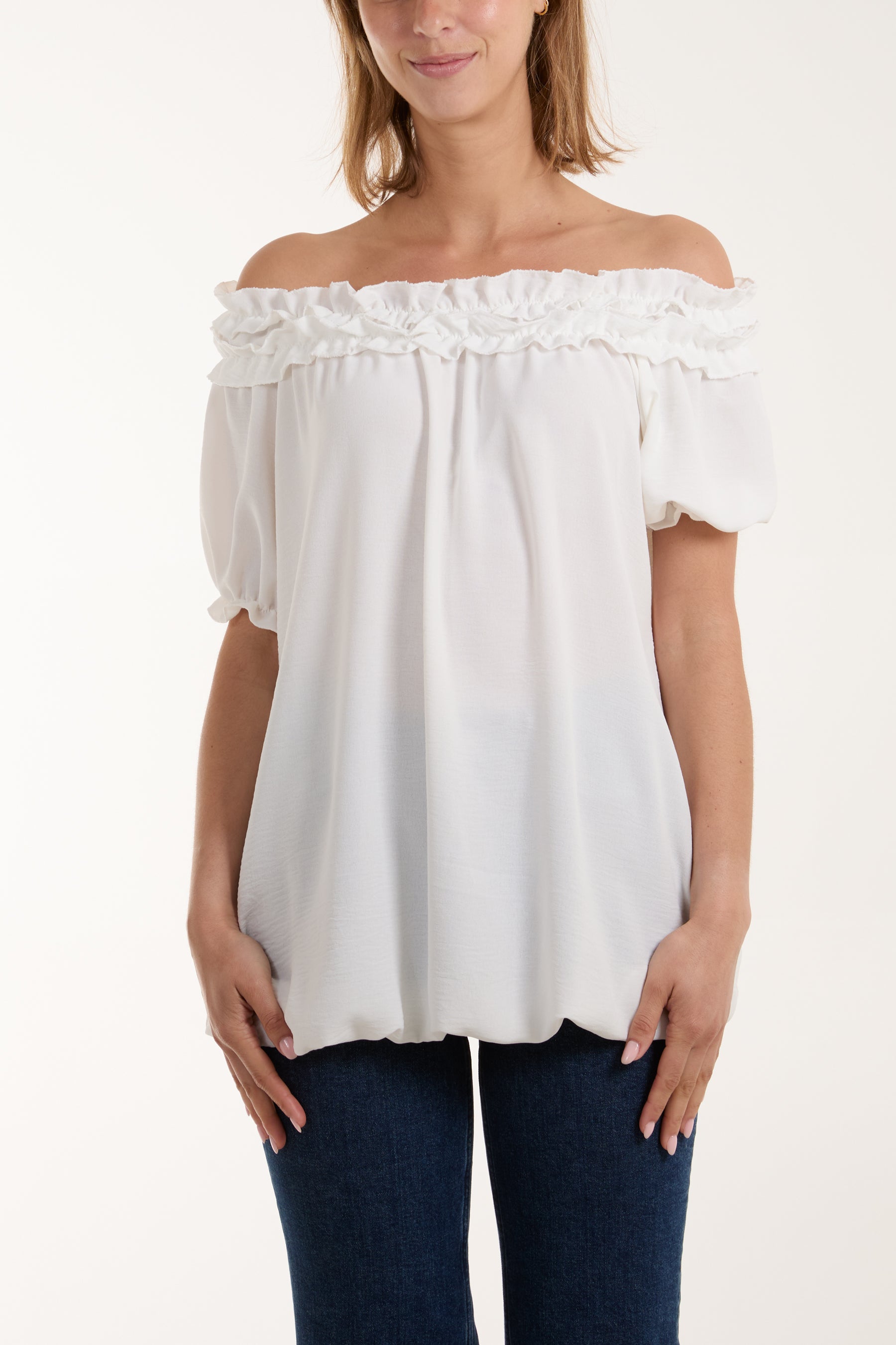 white ruffle bardot top