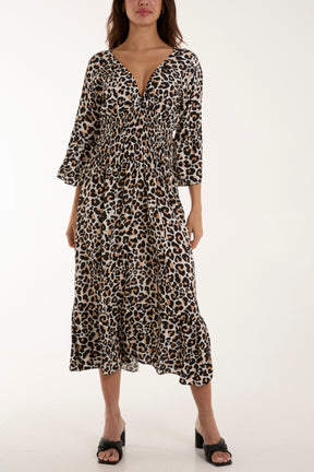 Leopard Shirred Bodice Midi Dress