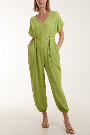 V-Neck Tied Waist Long Jumpsuit