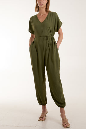 V-Neck Tied Waist Long Jumpsuit