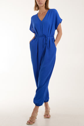 V-Neck Tied Waist Long Jumpsuit