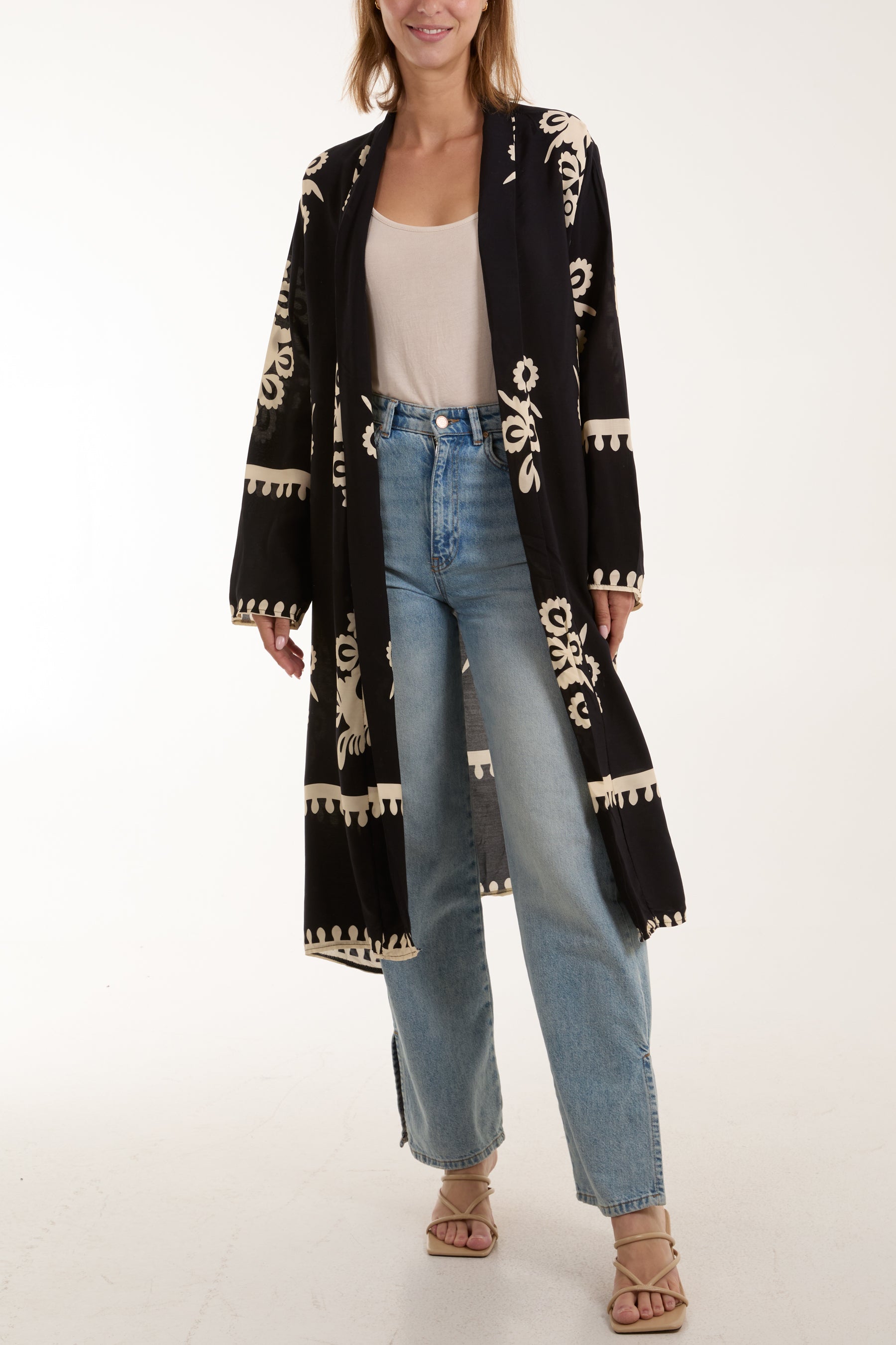 Printed Pockets Long Kimono