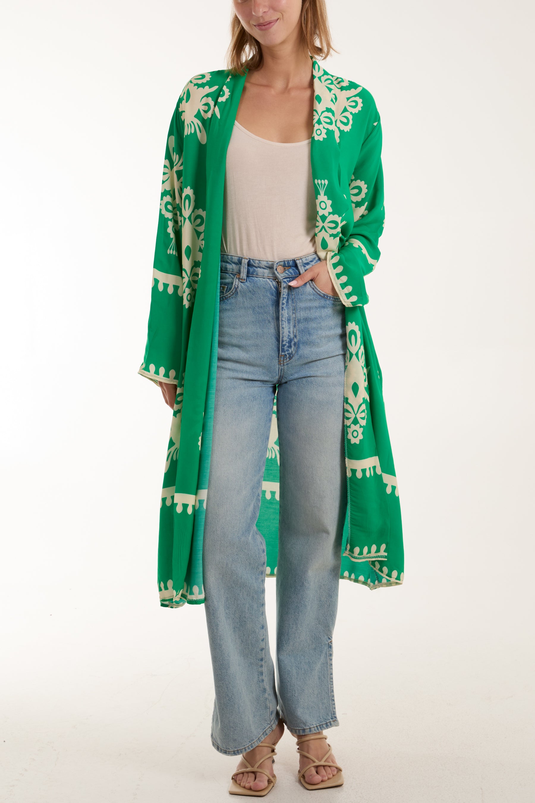 Printed Pockets Long Kimono