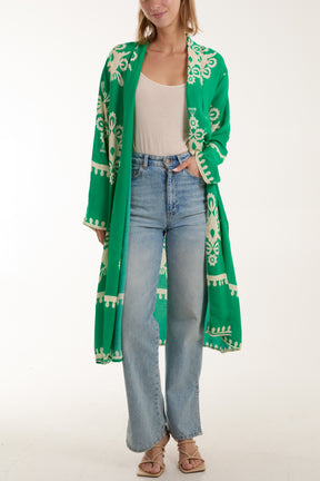 Printed Pockets Long Kimono