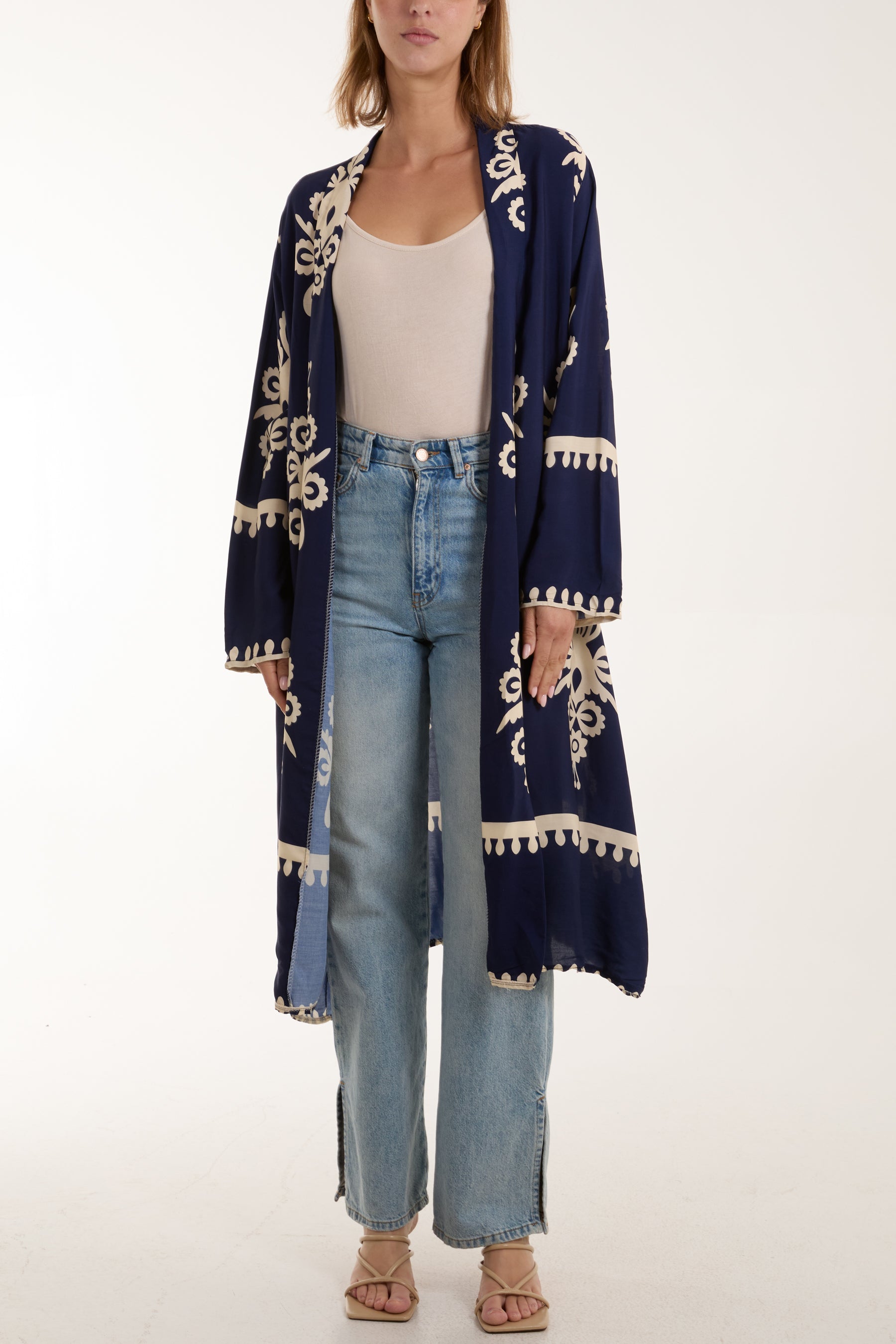 Printed Pockets Long Kimono