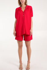 Short Sleeve Buttoned Collar Top & Short