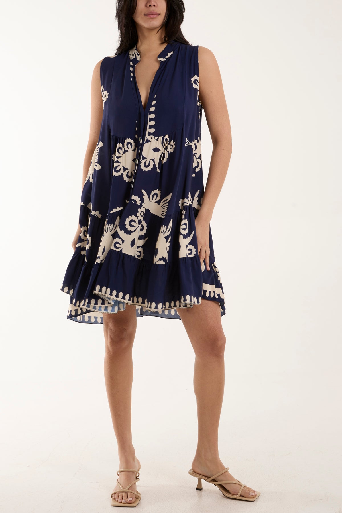 Sleeveless Tiered Placement Print Dress