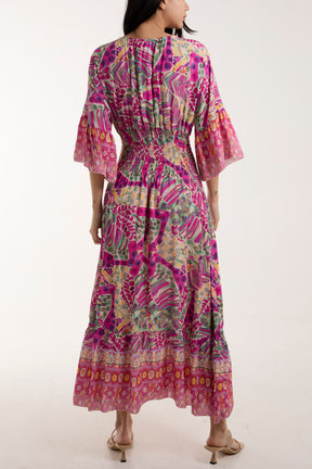 Vintage Print Shirred Bodice Maxi Dress