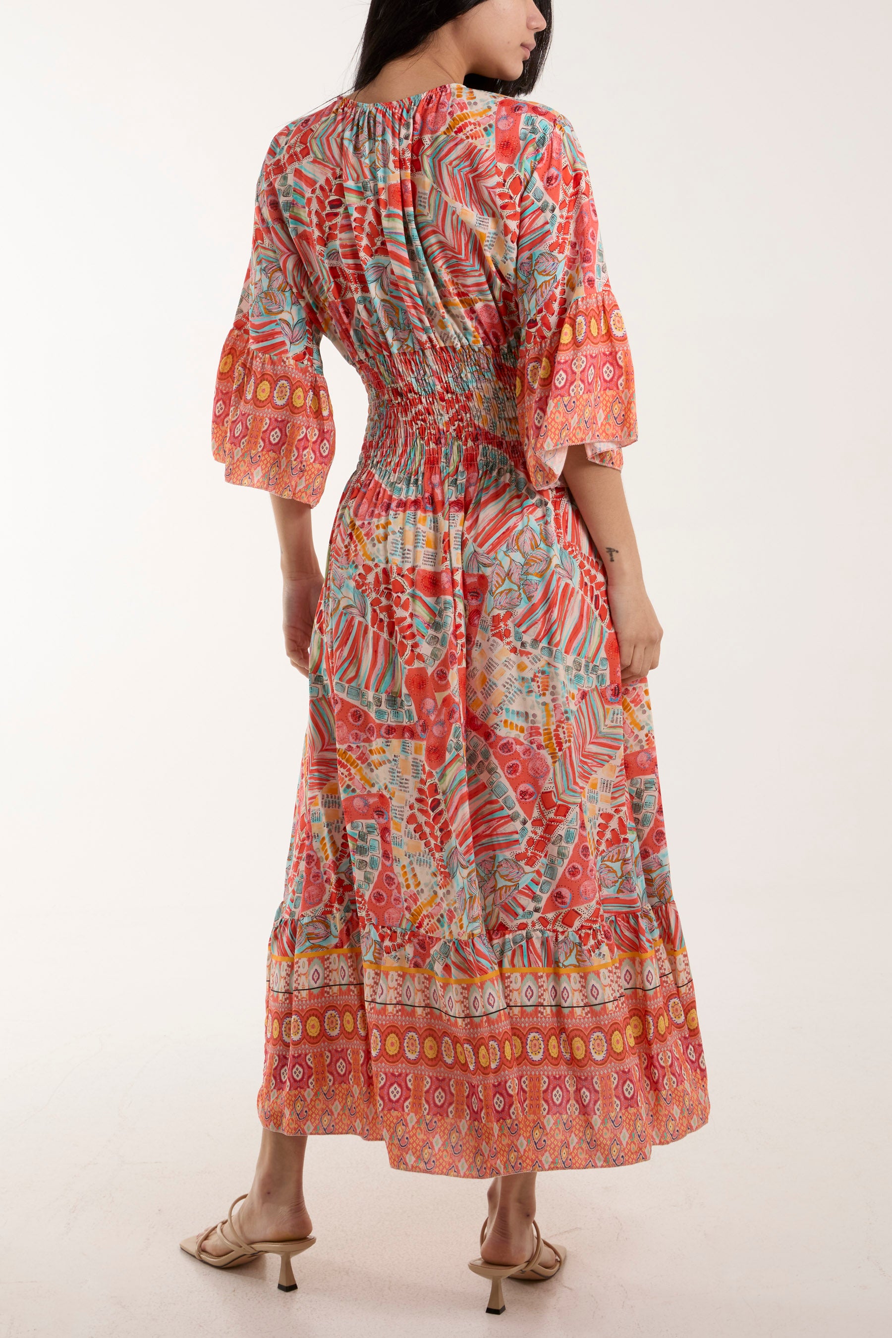 Vintage Print Shirred Bodice Maxi Dress