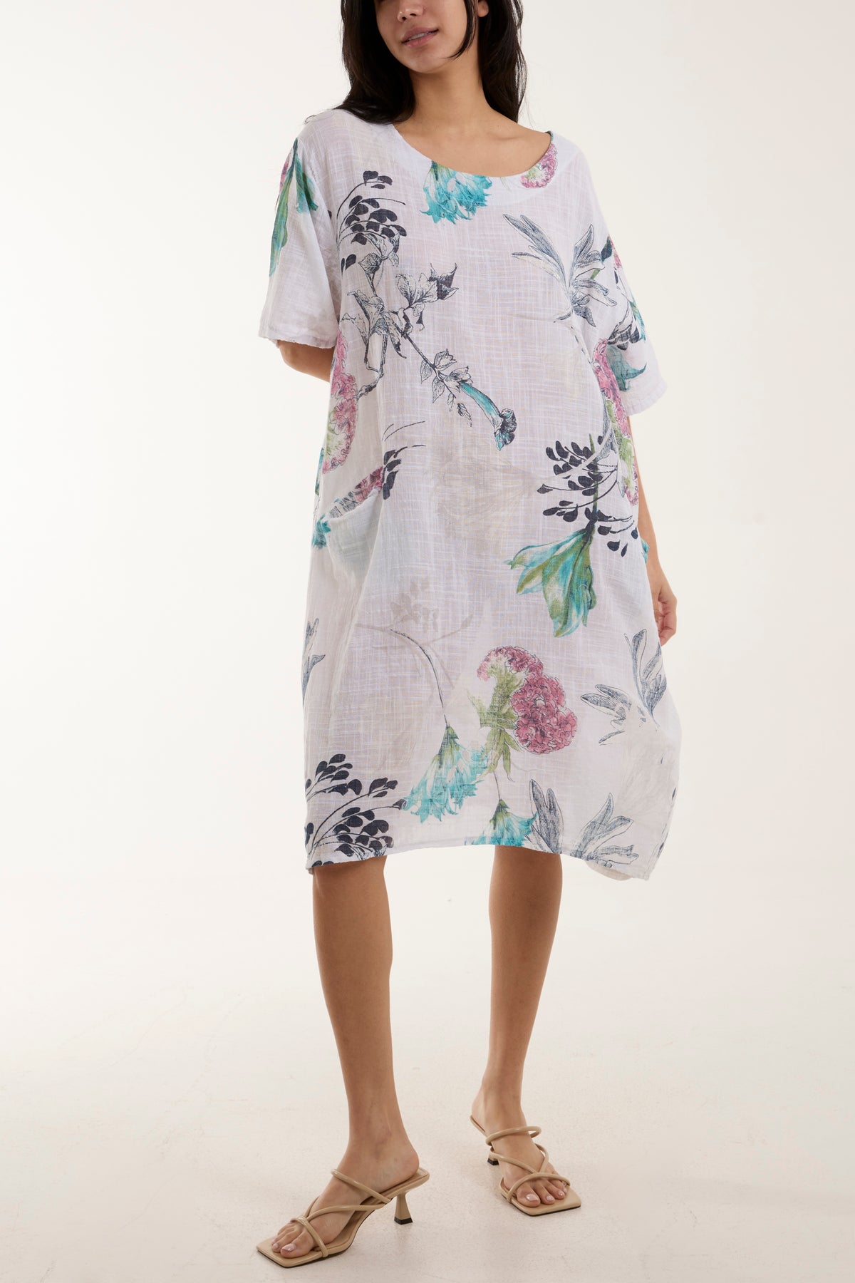 Cotton Floral Pockets Midi Dress