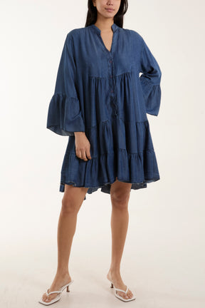 Denim Smock Tiered Mini Dress