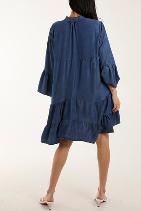 Denim Smock Tiered Mini Dress