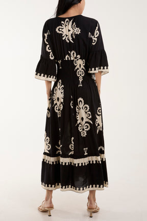 V-Neck Printed Shirred Bodice Maxi Dress