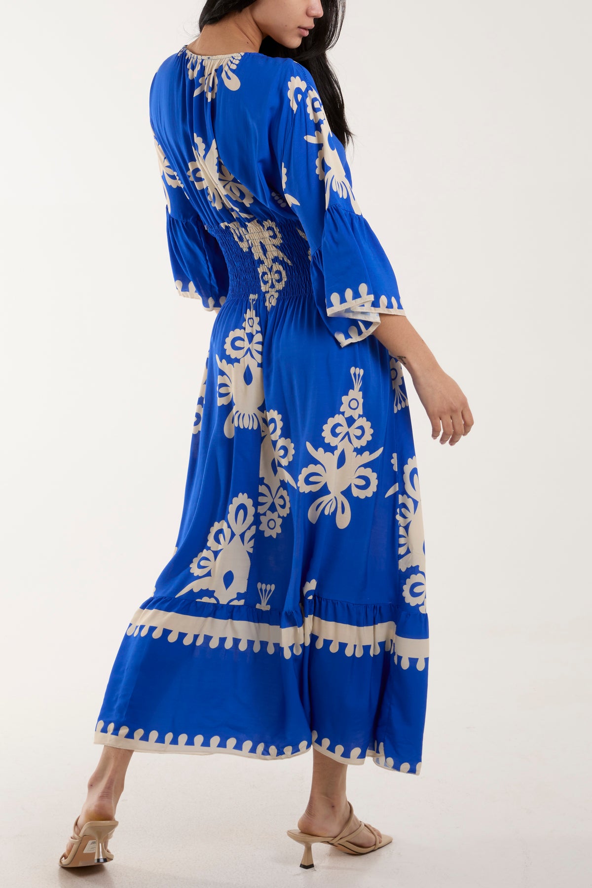 V-Neck Printed Shirred Bodice Midi Dress