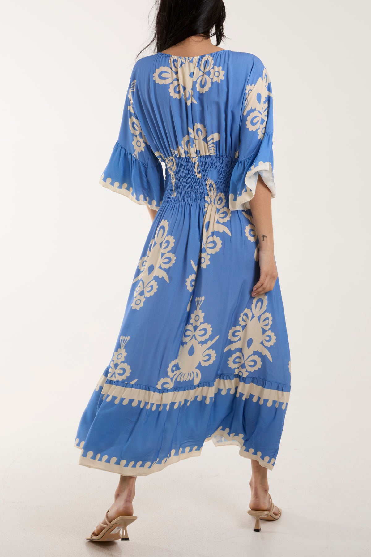 V-Neck Printed Shirred Bodice Maxi Dress