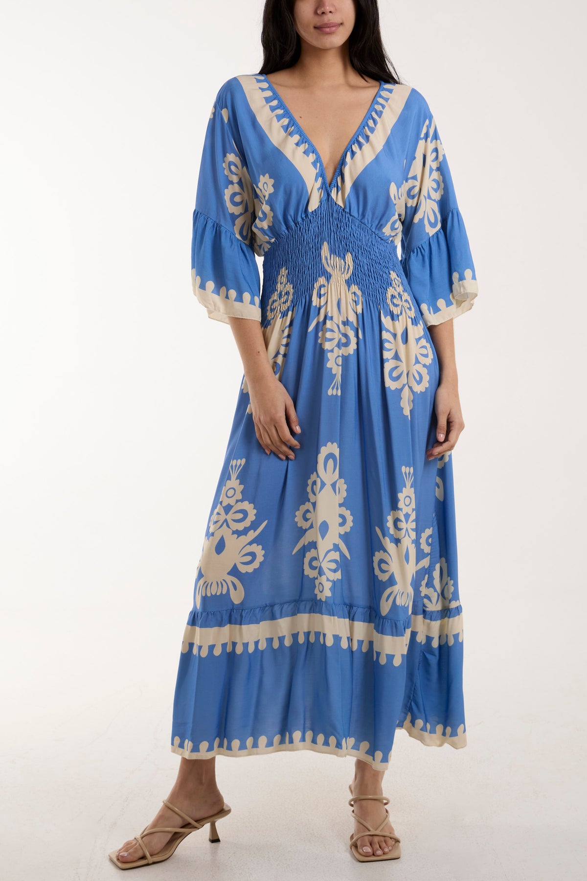 V-Neck Printed Shirred Bodice Maxi Dress