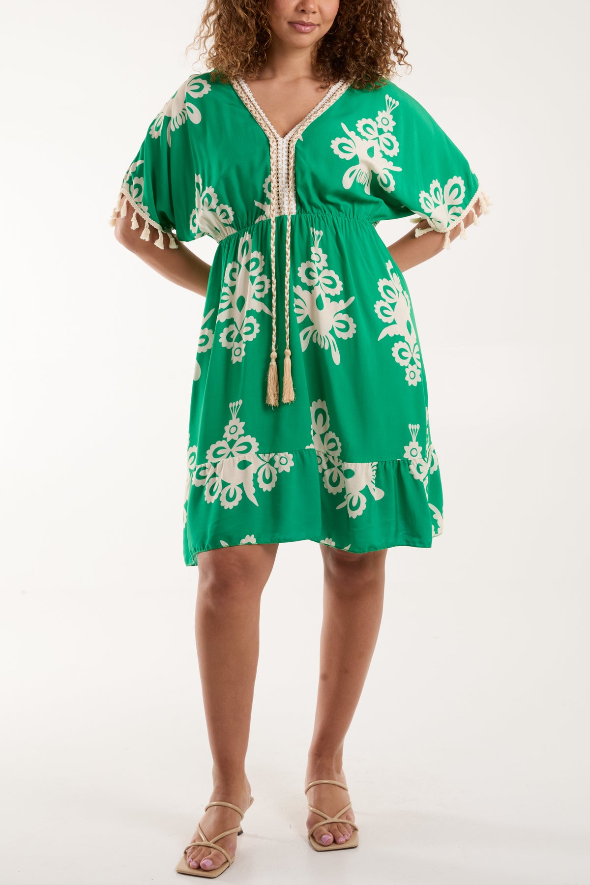 Embellished Neckline Tassels Mini Dress