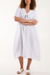 Pure Linen Button Detail Midi Dress