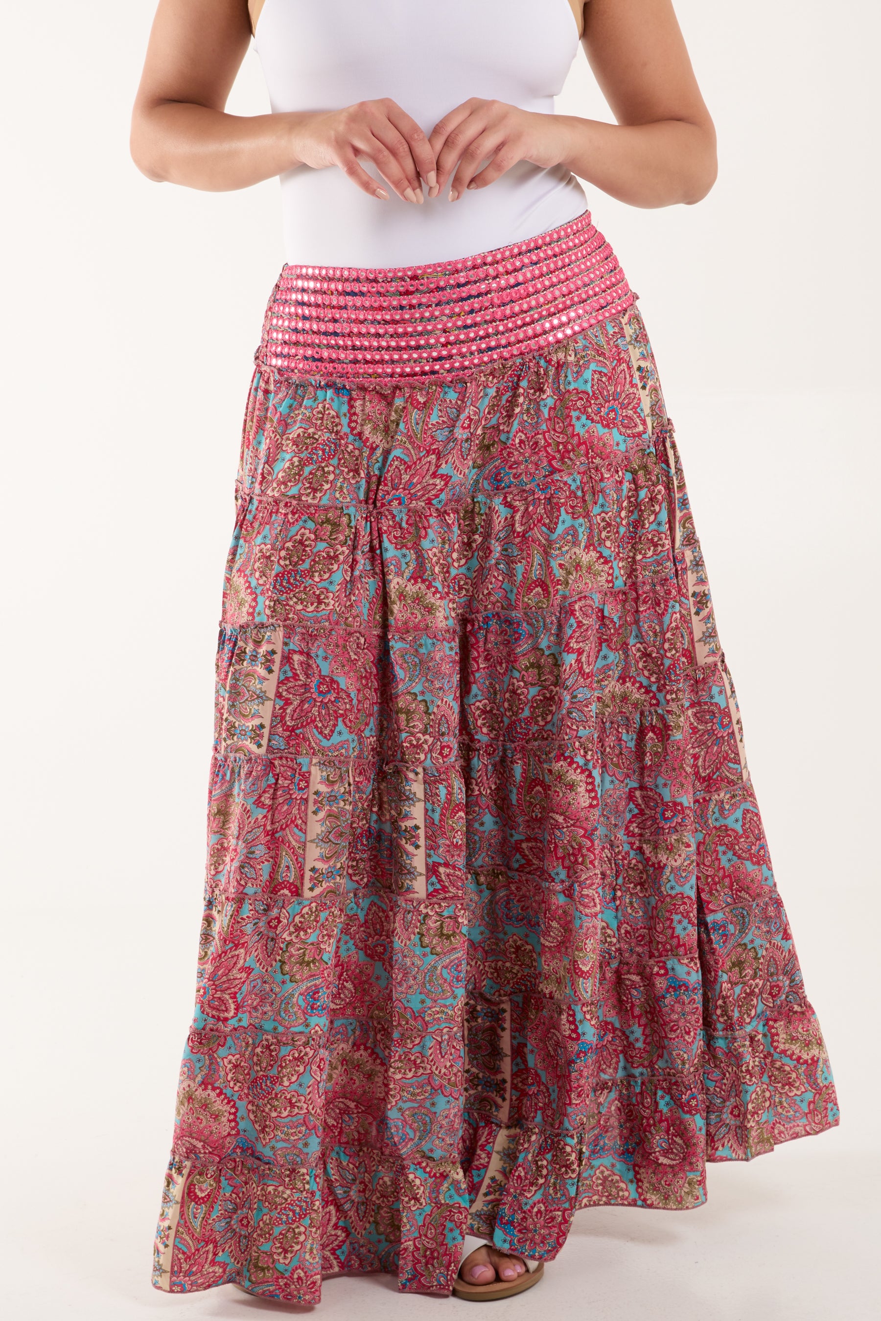 Mirror Embellished Waist Tiered Skirt