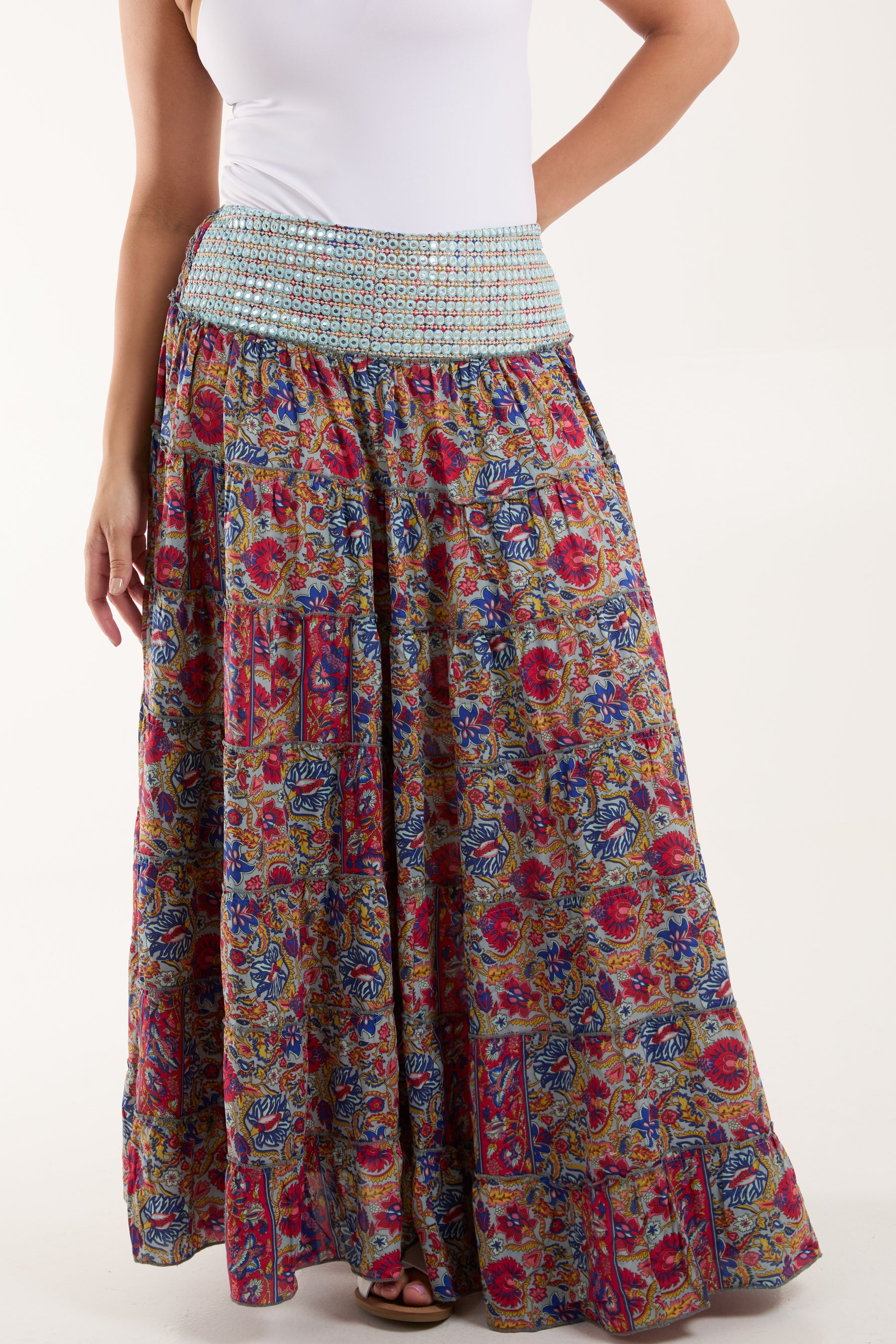 Mirror Embellished Waist Tiered Skirt
