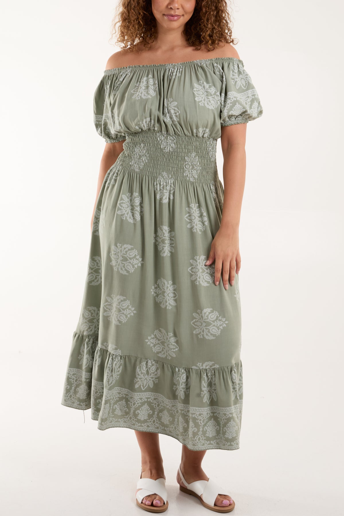 Bardot Damask Shirred Bodice Midi Dress