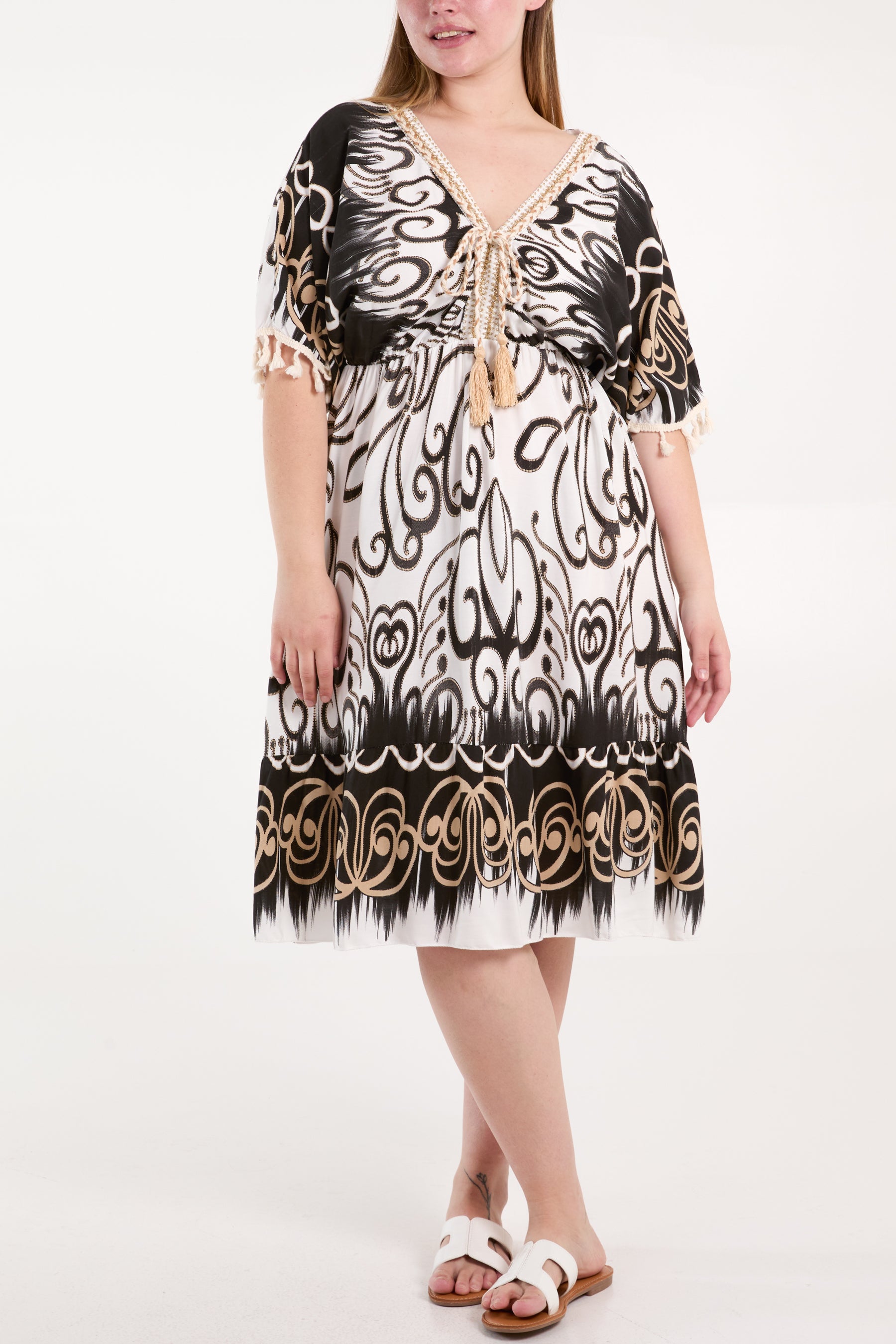 Embellished Neck Tassels Print Dress