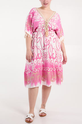 Embellished Neck Tassels Print Dress