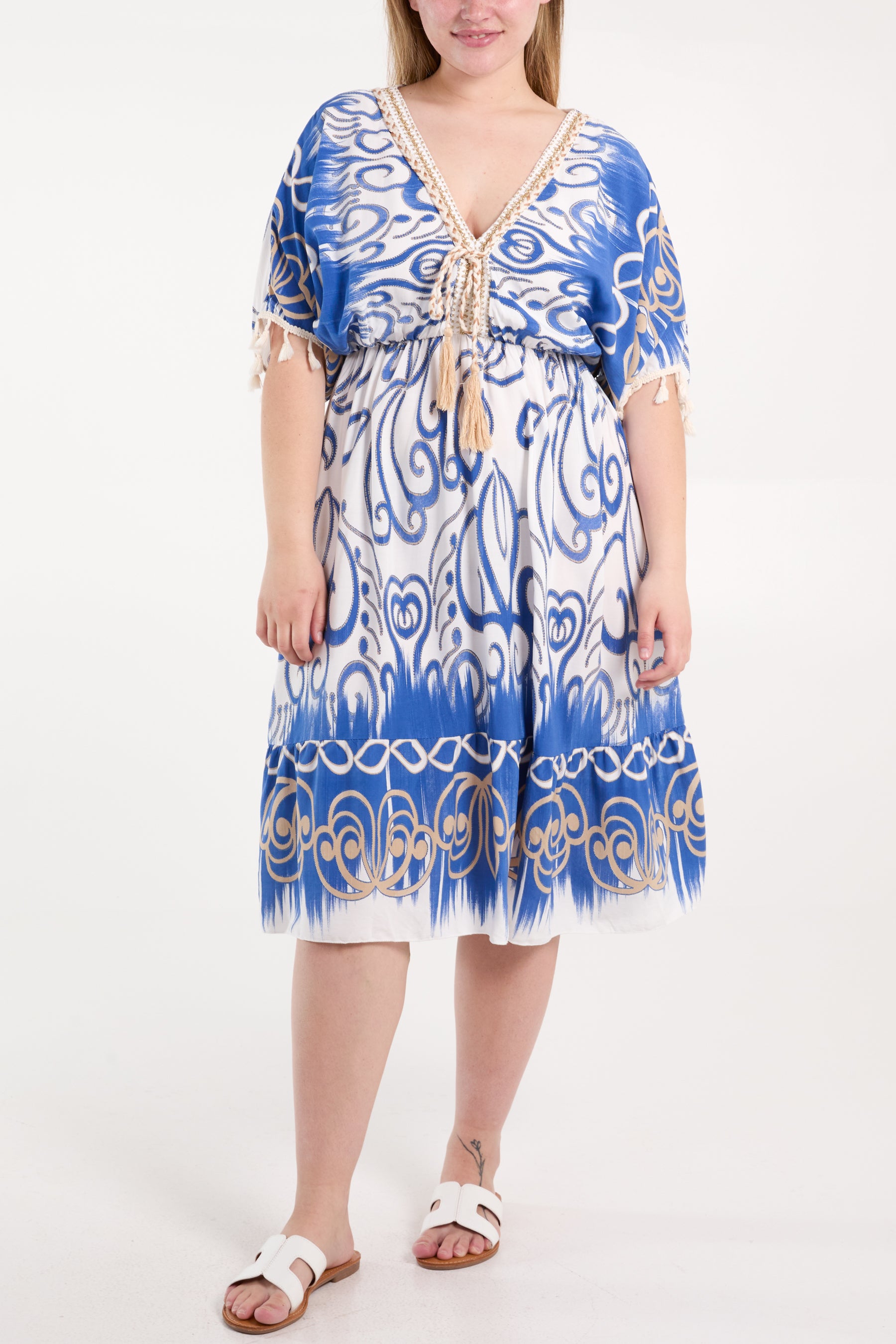 Embellished Neck Tassels Print Dress