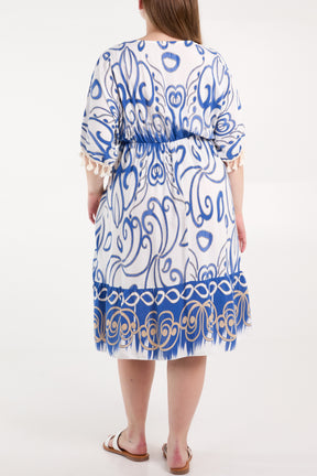 Embellished Neck Tassels Print Dress