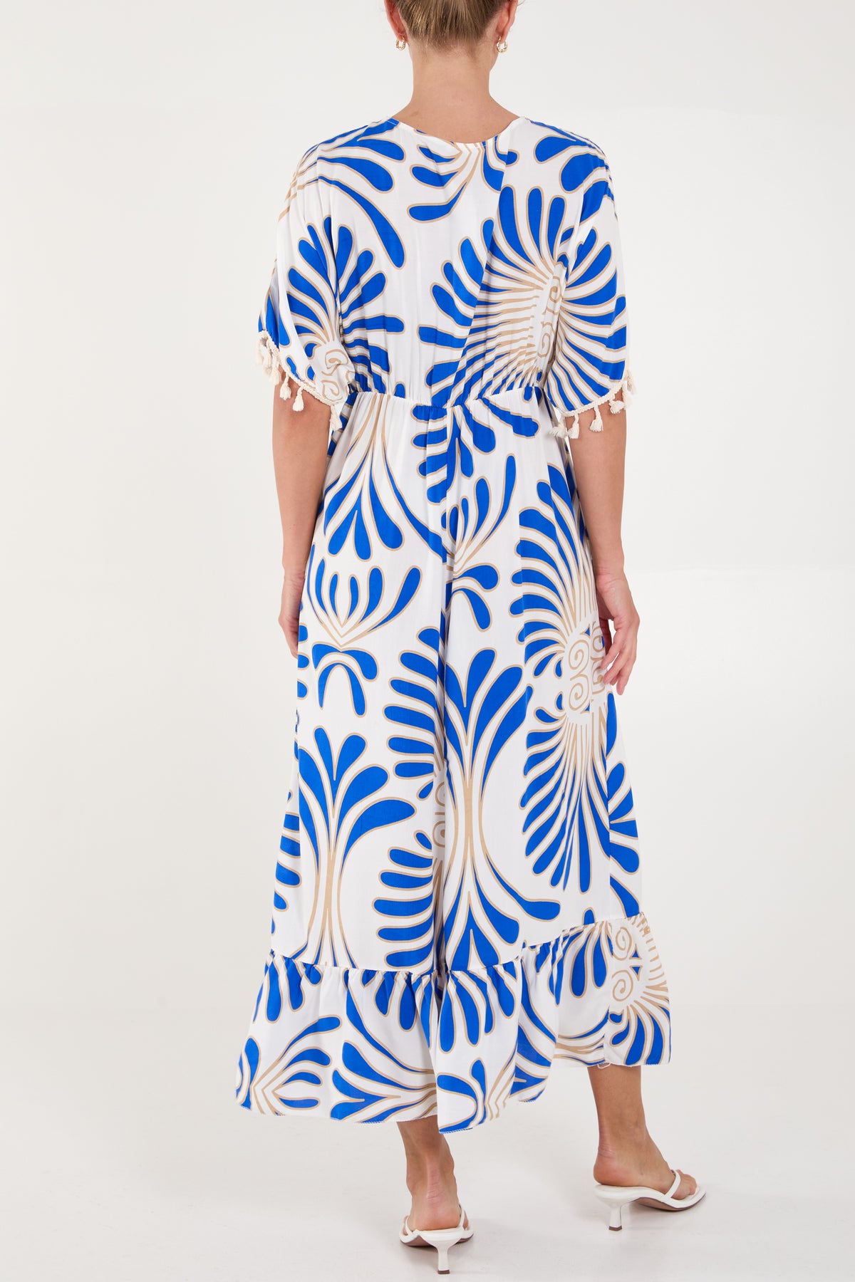 Swirl Feather Print Tassel Maxi Dress