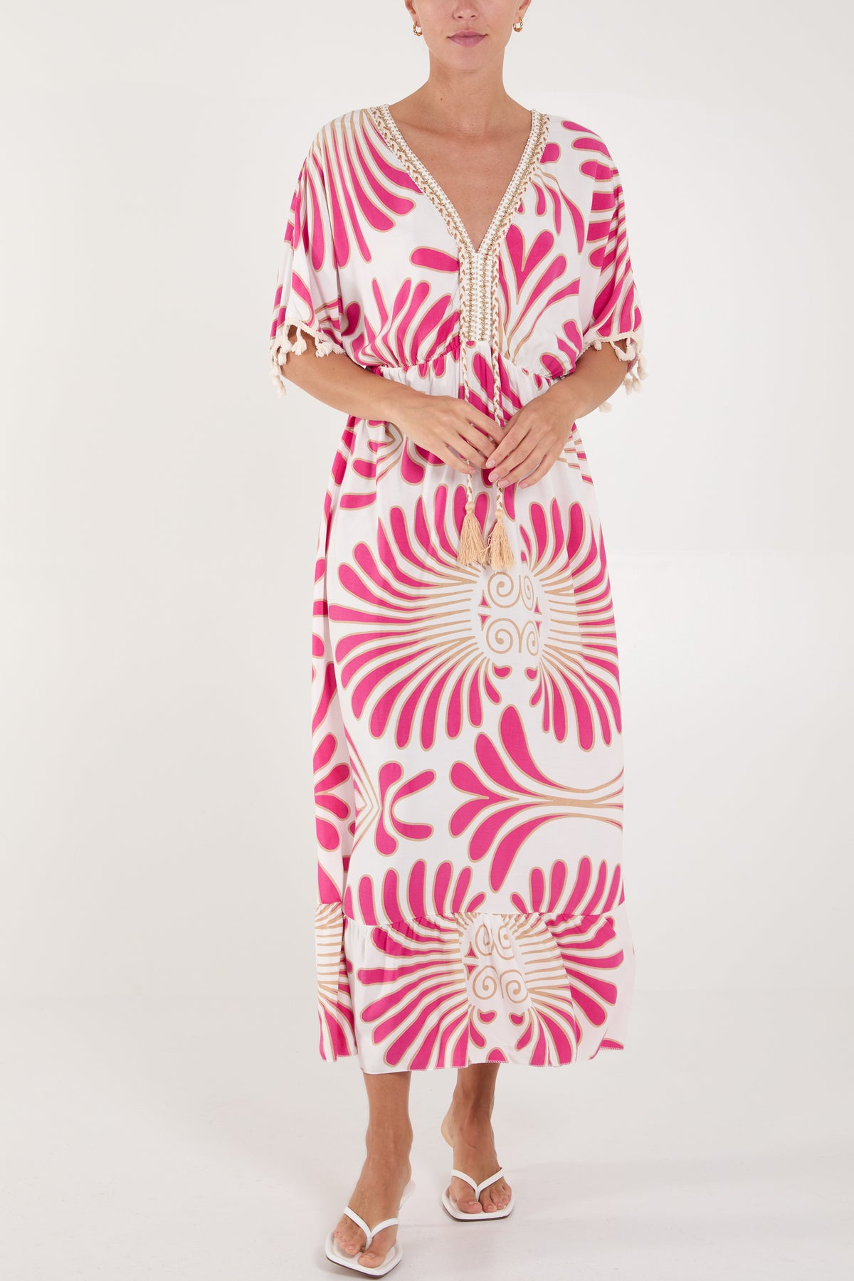 Swirl Feather Print Tassel Maxi Dress