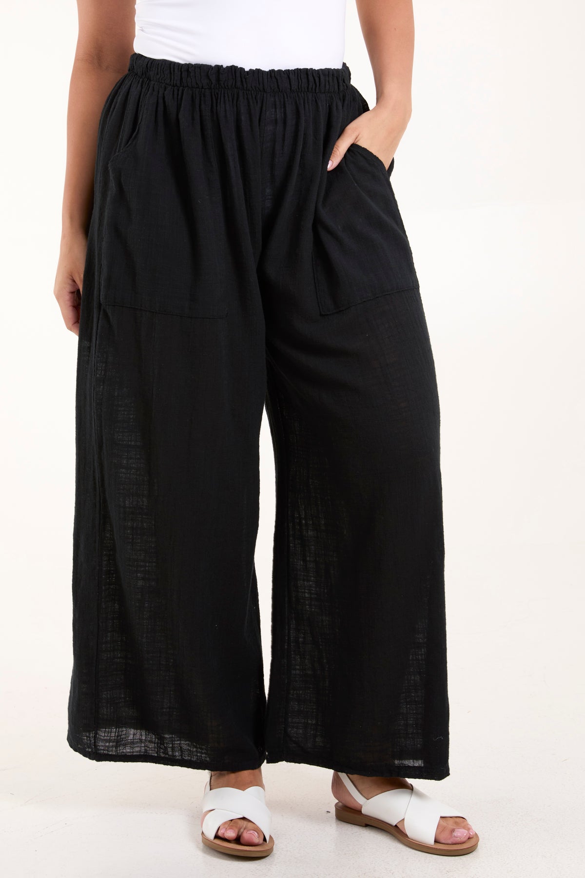 Pure Cotton Pockets Wide Leg Trousers