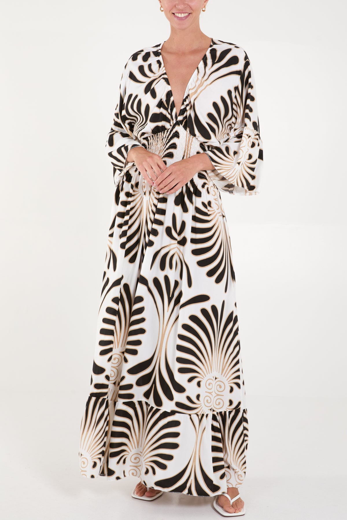 Swirl Feather Shirred Bodice Maxi Dress