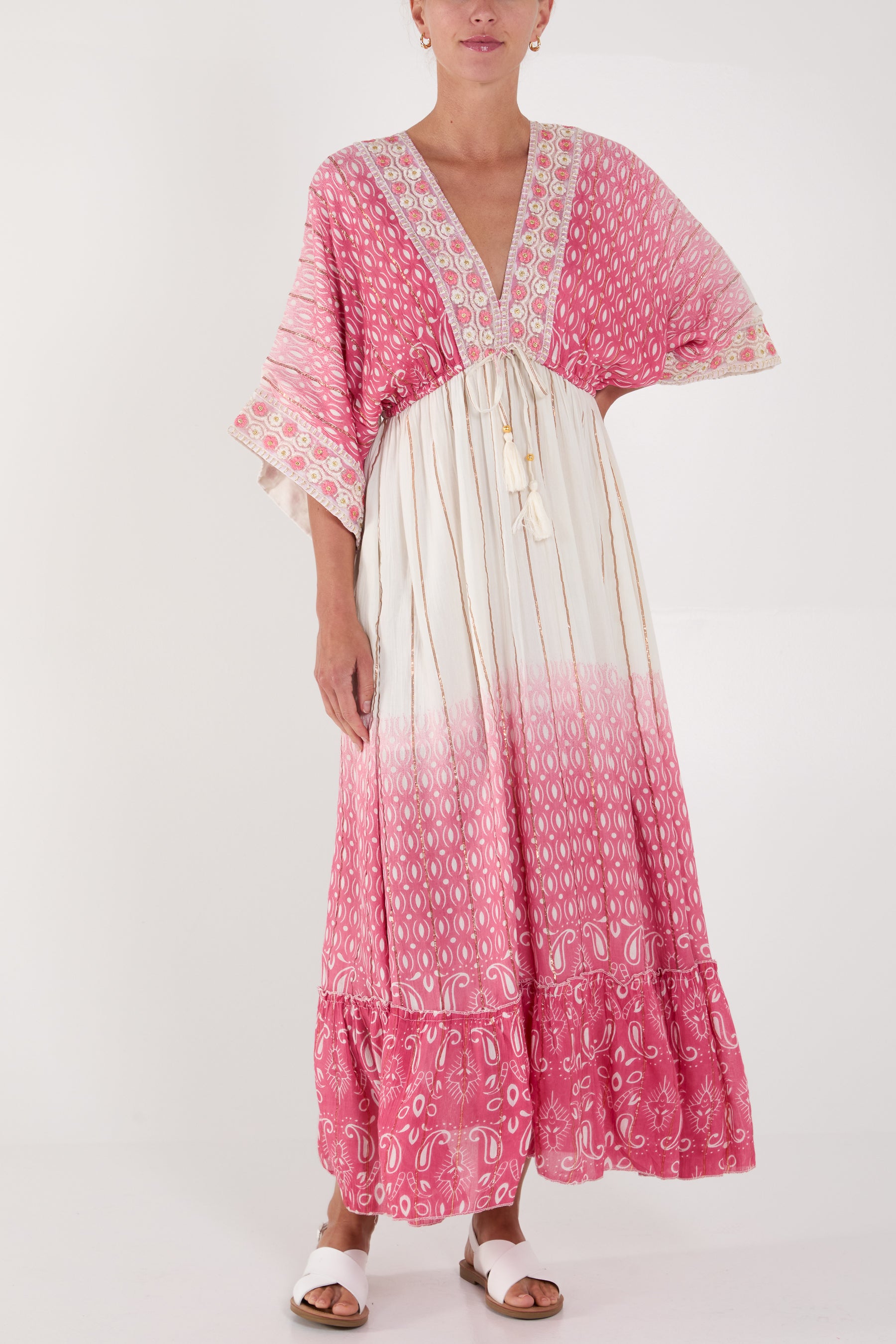 Embroidered Double V-Neck Maxi Dress