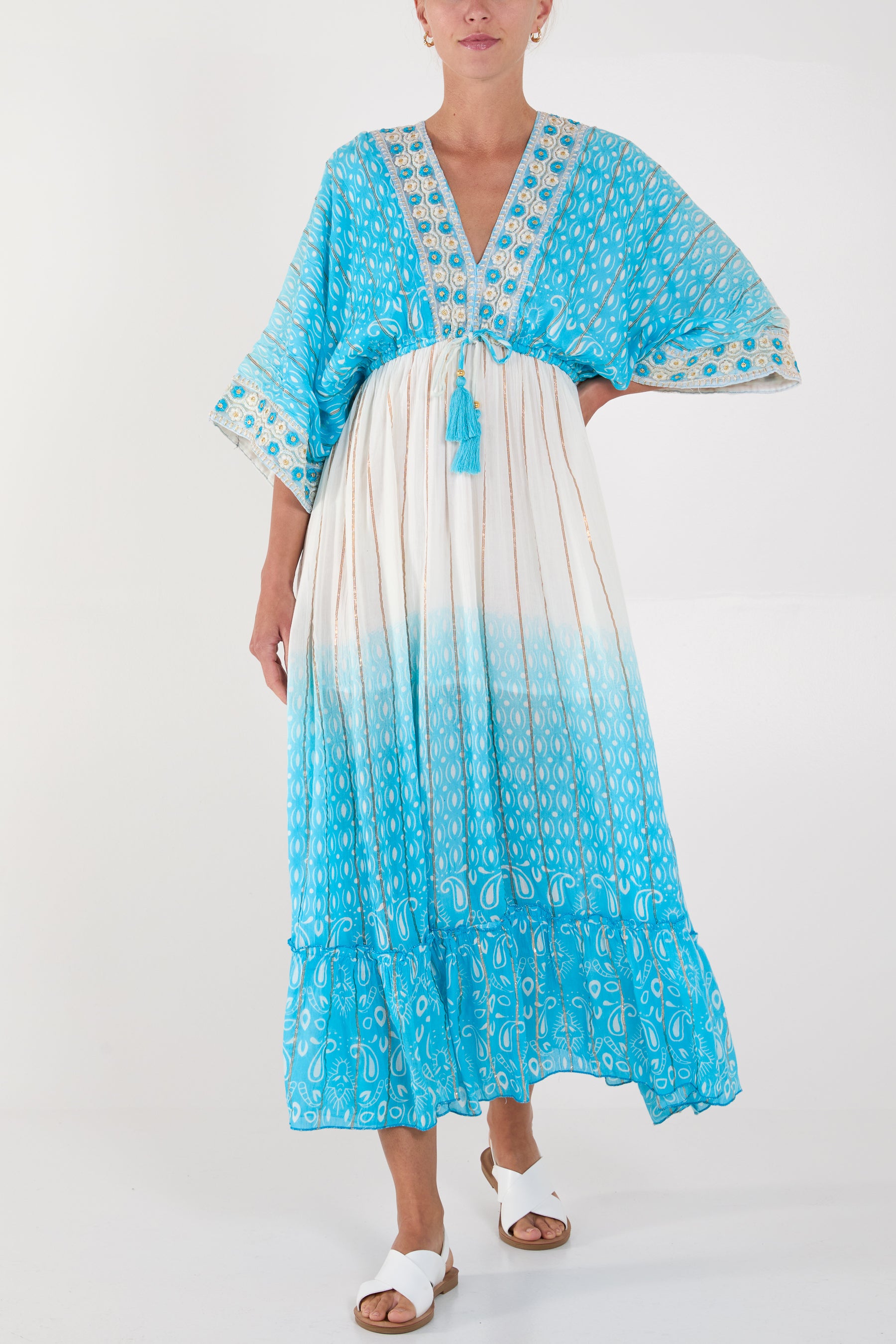 Embroidered Double V-Neck Maxi Dress