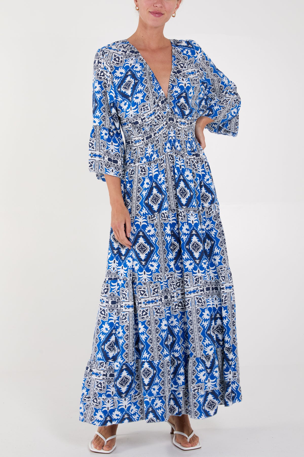 Tile Print Shirred Bodice Maxi Dress