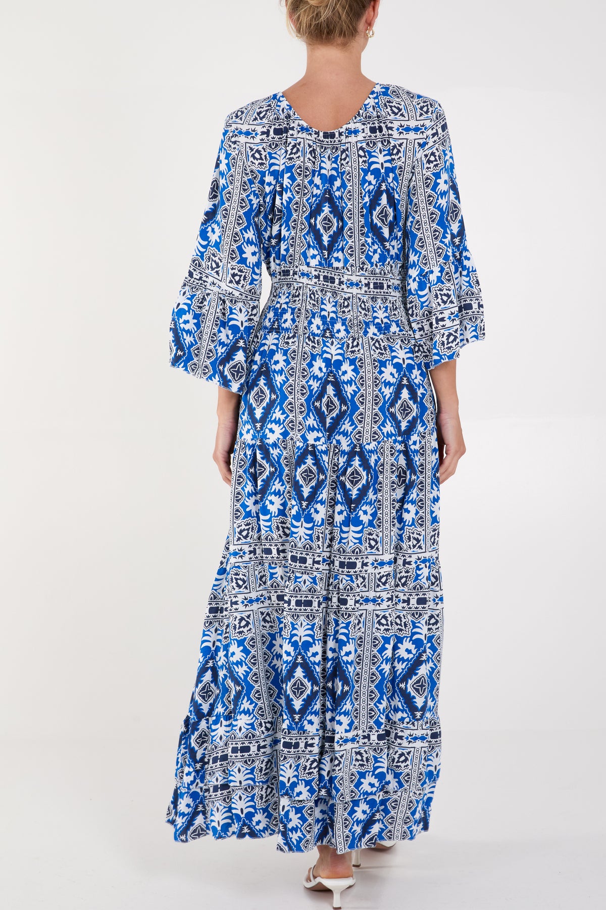 Tile Print Shirred Bodice Maxi Dress