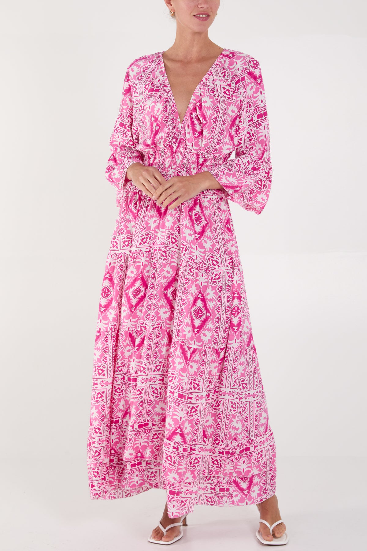 Tile Print Shirred Bodice Maxi Dress