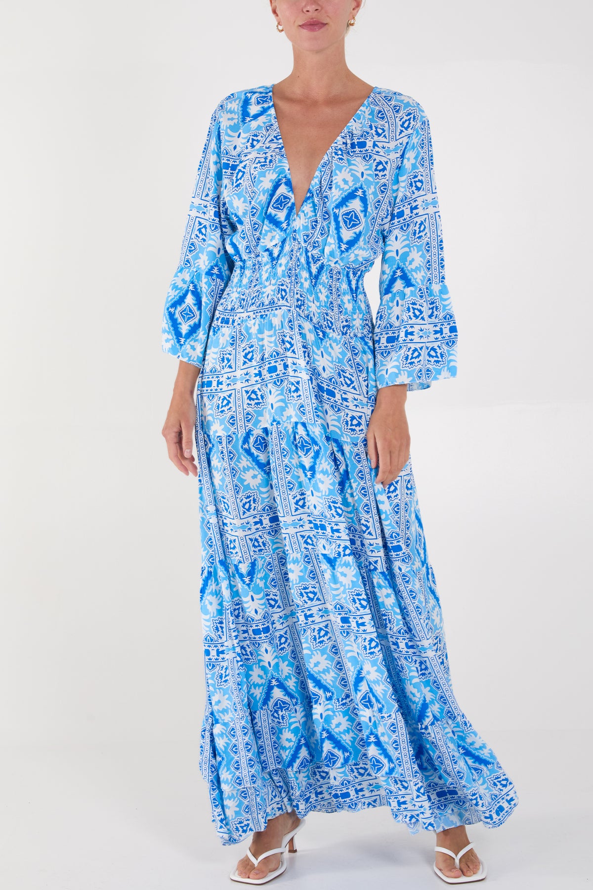 Tile Print Shirred Bodice Maxi Dress